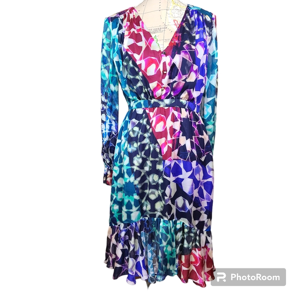 VINTAGE Matthew Williamson Size 10 Long Sleeve Colorful Ruffled Silk Wrap Dress